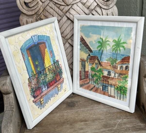 Set - Zwei bunte tropische Original Aquarelle Gemälde Puerto Vallarta gerahmt - Bild 1 von 17