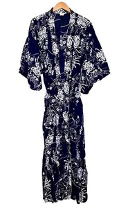 Vintage Women's Ichiban Kimono 60" Inch Blue Japan White Floral Cotton Robe  - Picture 1 of 4
