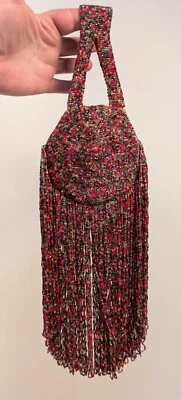 FLAPPER 1920’S MULTICOLOR GLASS BEAD PURSE W UNUSUAL EXTRA LONG DANGLING FRINGE - Image 1 of 4