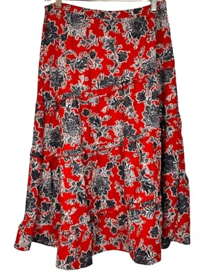 Fit Flare Tiered Skirt Midi Casual Elastic Waist Ruffle Trim Red Blue Size Small - Image 1 of 2