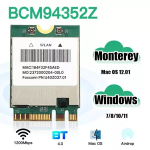 Hackintosh PC BCM94352z WiFi Tarjeta Bluetooth Doble Banda NGFF Wifi Adaptador de Red - Imagen 1 de 6