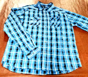 VTG XL Blue Plaid 2 Pkt Textured Cotton Western Country LS Dress Button Up Shirt - Picture 1 of 4