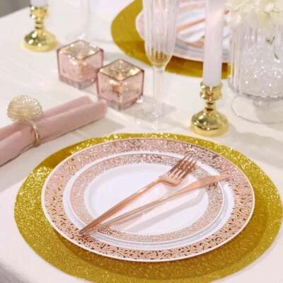 6 GOLD 13" Round Glittered Faux Leather PLACEMATS Wedding Decorations - Image 1 of 4
