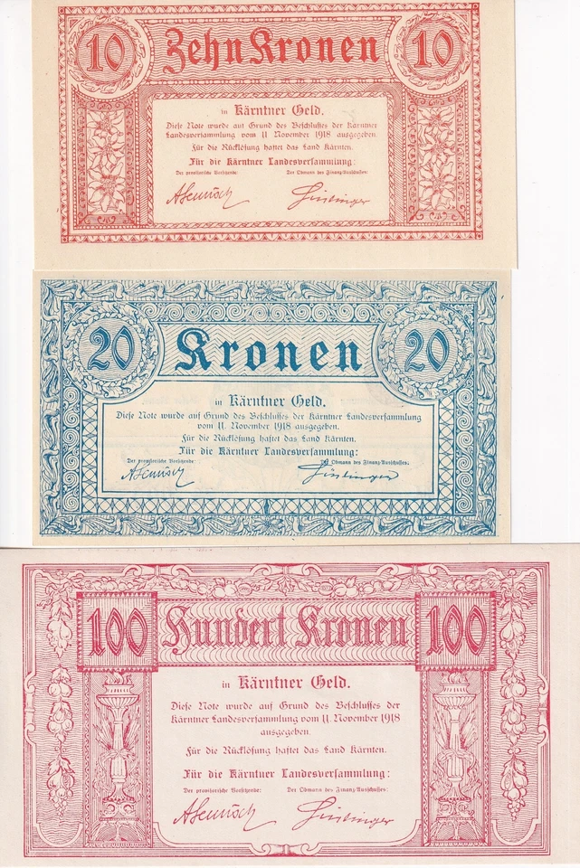 奥地利套装 3;10 20 100 Kronen 1918 Karnten(Carinthia)P S102 S103 S105 UNC — 第 1/4 张图片