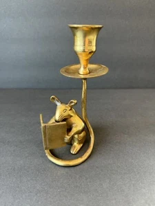 Vintage Brass Candlestick Art Decor Retro Candle Holder Mouse Reading Book - Picture 1 of 7