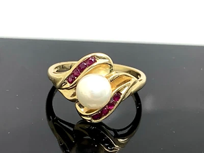 Anillo de cóctel de piedras preciosas rojas perla oro amarillo de 10 k joyería patrimonial para mujer talla 7 Foto 1 de 4