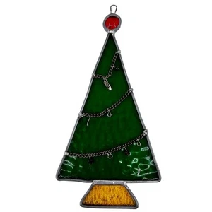 Vintage 1970s Stained Glass Christmas Tree Holiday Ornament Suncatcher 7" - Picture 1 of 5
