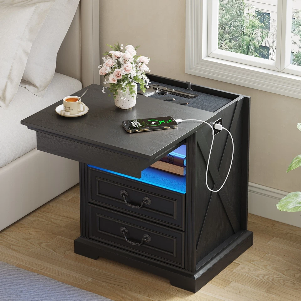 Black  LED Night Stand with Gun Drawer, Bedside Table with Charging Station - Image 1 of 1