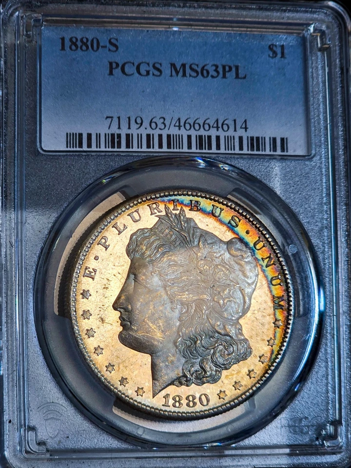 1880-S Morgan Silver Dollar PCGS MS63PL Rainbow Textile Toned Coin Proof Like BU - Image 1 of 4