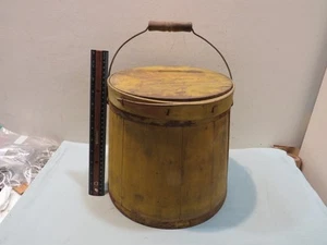 Antique Wooden 20Lb Mince Meat Bucket Firkin, Original Yellow Paint, Wood Handle - Picture 1 of 8