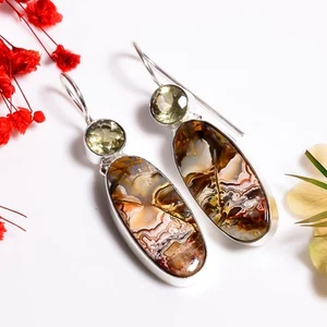 Crazy Lace Agate Citrine Gemstone Handmade 925 Silver Earrings 1.9" GSR-12744 - Picture 1 of 2