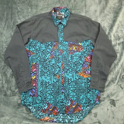 Рубашка мужская Frontier Series большая бирюзовая черная ацтекская вестерн жемчуг застежка 90-е - Изображение 1 из 4