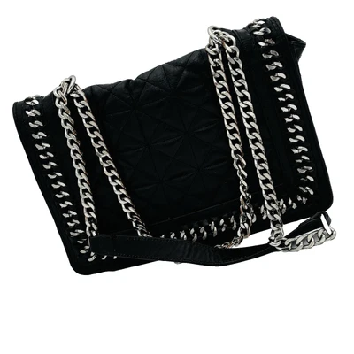 Bolso de Hombro Zara Acolchado Cuero Búfalo Negro Grueso Cadena de Metal Adornado Foto 1 de 4