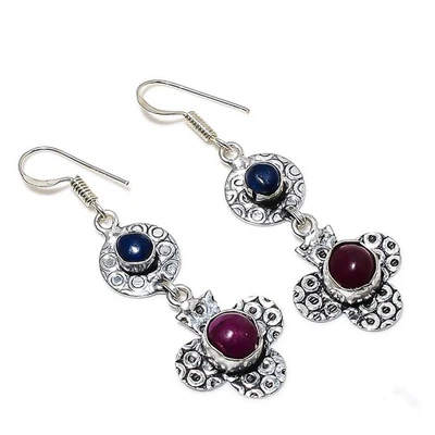 Ruby Simulated, Lapis Gemstone 925 Sterling Silver Jewelry Earring 2.09" - Image 1 of 4