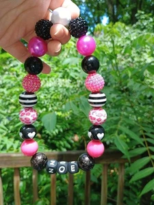 Custom Dog Necklace Pink black Chunky Bead Pet Jewelry - Personalized with Name  - Picture 1 of 1
