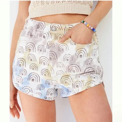 Shorts jeans Anthropologie Hannah couro arco-íris cintura ultra alta tamanho 25 - Imagem 1 de 4