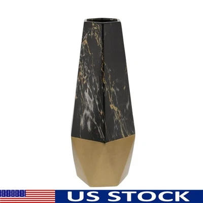 Faux Marble Dark Gray Ceramic Vase Gold Base Modern Home Decor Hexagon Design US - Image 1 of 4