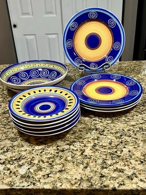 Pier 1 Italian Sun Dinnerware Set 10pc Cobalt Blue Yellow Hand Painted Italy - Image 1 of 4