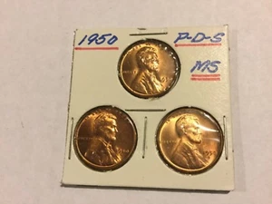 Trio of 1950 P-D-S uncirculated Lincoln Wheat Cents - Picture 1 of 3