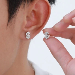 Zircon Dollar Sign Symbol Stud Earrings Men Women Bling CZ Stones Money Earrings - Picture 1 of 9