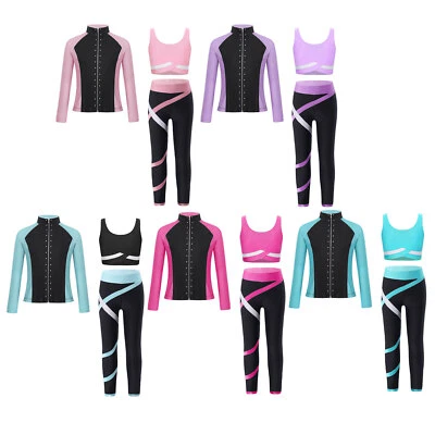 Kids Girls Figure Skating Training Suits Gymnastics Sports Outfit Long Sleeve - Image 1 of 4