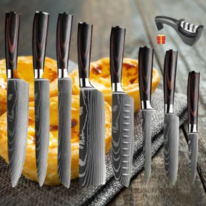 9Pcs Kitchen Knives Set Japanese Damascus Pattern Stainless Steel Chef's Cleaver - Picture 1 of 55