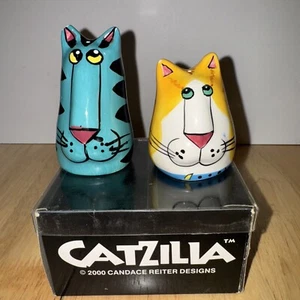 Juego de coctelera de sal y pimienta vintage Catzilla Cat diseño Candace Reiter 2000 - Imagen 1 de 7