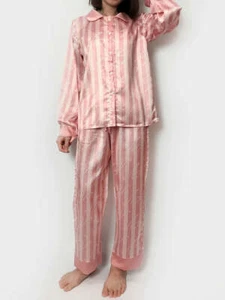 Women's Sleepwear Silky Long Sweet Pink Stripes Pajama Set Loungewear PJs - Picture 1 of 1