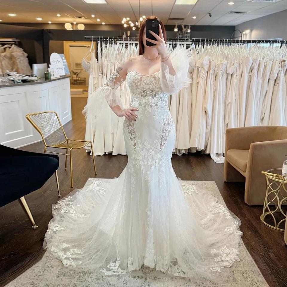 Lace Mermaid Wedding Dresses Flare Sleeve Applique Sweep Train Bridal Gowns New - Image 1 of 4