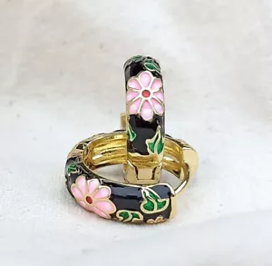 Blumen Ohrringe Ohrstecker Creolen schwarz rosa gold Blüten Boho Style Vintage - Picture 1 of 3