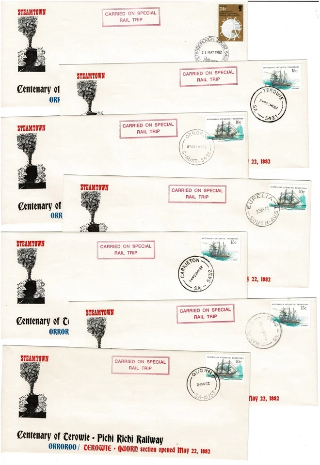 Stamps 1982 various on Orroroo Terowie Quorn railway 7 x souvenir covers carried - image 1 of 1