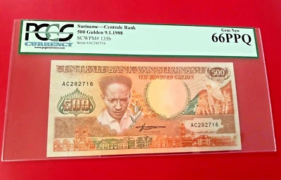 1988 SURINAME CENTRAL BANK 500 GULDEN PCGS CURRENCY 66 PPQ GEM NEW - Image 1 of 2