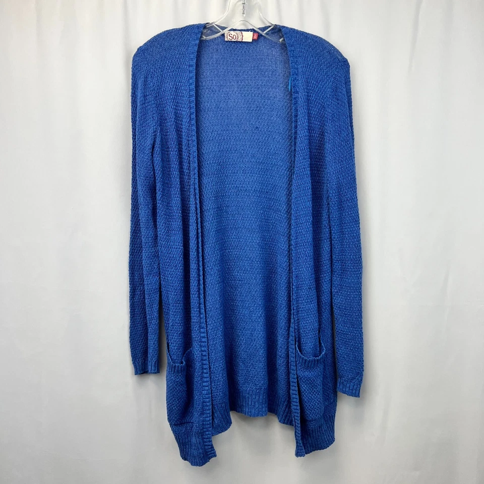 Suéter cárdigan So para mujer azul tejido manga larga frente abierto talla mediana Foto 1 de 4