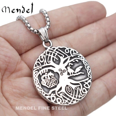 MENDEL Mens Viking Tree Of Life Yggdrasil Raven Pendant Necklace Stainless Steel - Image 1 of 4
