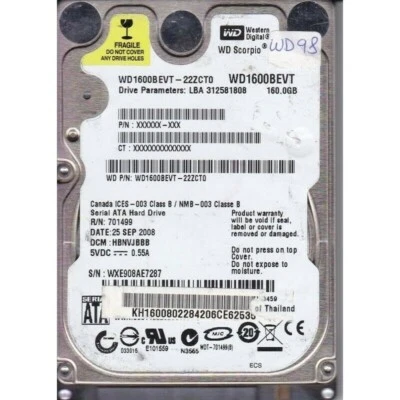 SATA 2.5" Hard Disk Drive HDD WD WD1600BEVT-60ZCT0 HBNVJBBB 160GB - Image 1 of 2