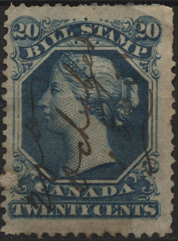 Canada 1865 VanDam #FB28 20c blue bill stamp, 2nd issue, (perf 13.5), used - Image 1 of 1