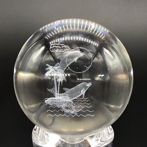 Glass Laser Etched Dolphins Ocean Sphere Orb Paperweight Ball 3D Palm Tree 3" - Picture 1 of 12