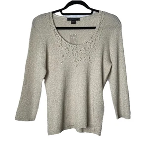 August Silk Womens Silver Metallic Pearl Embellished Sweater Large New XL - Picture 1 of 6