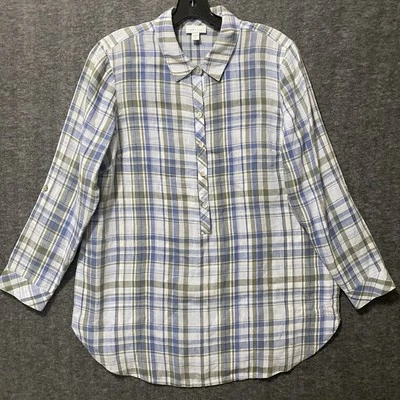 J Jill Love Linen Top Womens Medium Petite Button Front Tunic Lagenlook Coastal - Image 1 of 4