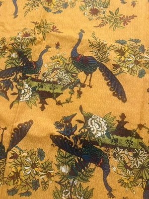 World Market Peacock Floral Tablecloth 100% Cotton Mustard Gold India 60x90 Boho - Image 1 of 4