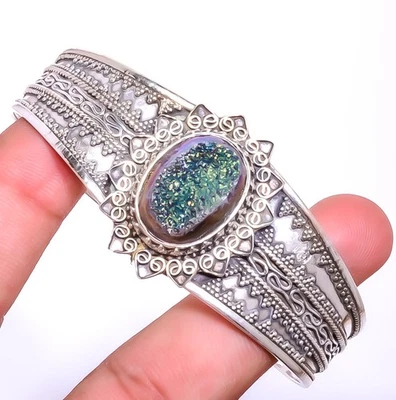 Brazalete hecho a mano de plata de ley 925 con piedras preciosas de ágata pavo real de titanio T9 Foto 1 de 4