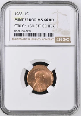 1988 Lincoln Cent Mint Error 15% Off Center NGC Certified MS66 - High Grade - Image 1 of 2