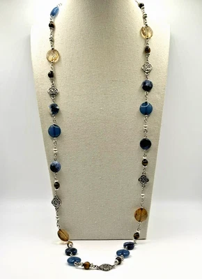 Collar Chaps Ralph Lauren Ojo de Tigre Marrón Azul Y Plata Tono Cuentas 33 pulgadas Foto 1 de 4