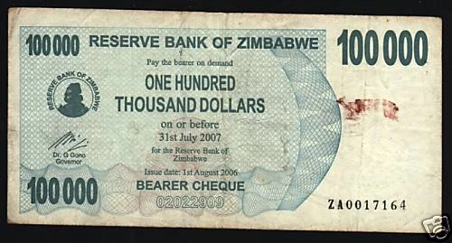 ZIMBABWE 100000 100,000 DOLLARS P48 B 2006 REPLACEMENT ZA RARE AFRICA MONEY NOTE - Image 1 of 1