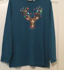 Quacker Factory Embroidered Reindeer Bling Sequin Top 1X NWT Teal Long Sleeves - Picture 1 of 14
