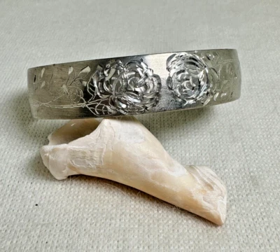 Pewter Cuff Bracelet with Etched Rose Motif and "Rose" Inscribed on the Inside - Image 1 of 4
