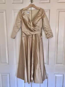 Mother of The Bride Dress Size 10 Khaki Satin A Line V Neck Tea Lgth 3/4 Sleeves