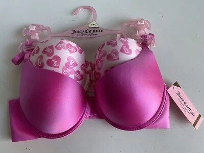 Paquete de 2 sujetadores push up sexy Juicy Couture talla 34C corazones San Valentín rosa satinado NUEVO Foto 1 de 4
