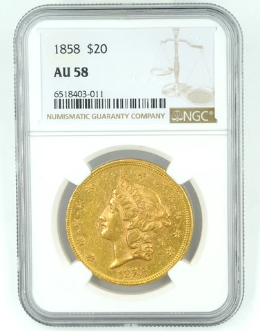 1858 NGC AU58 $20 Gold Liberty Double Eagle Cover