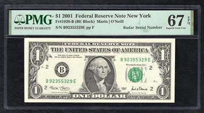 FR 1926-B 2001 $1 FEDERAL RESERVE NOTE "RADAR S/N B92355329E” PMG GEM UNC-67EPQ - Image 1 of 2